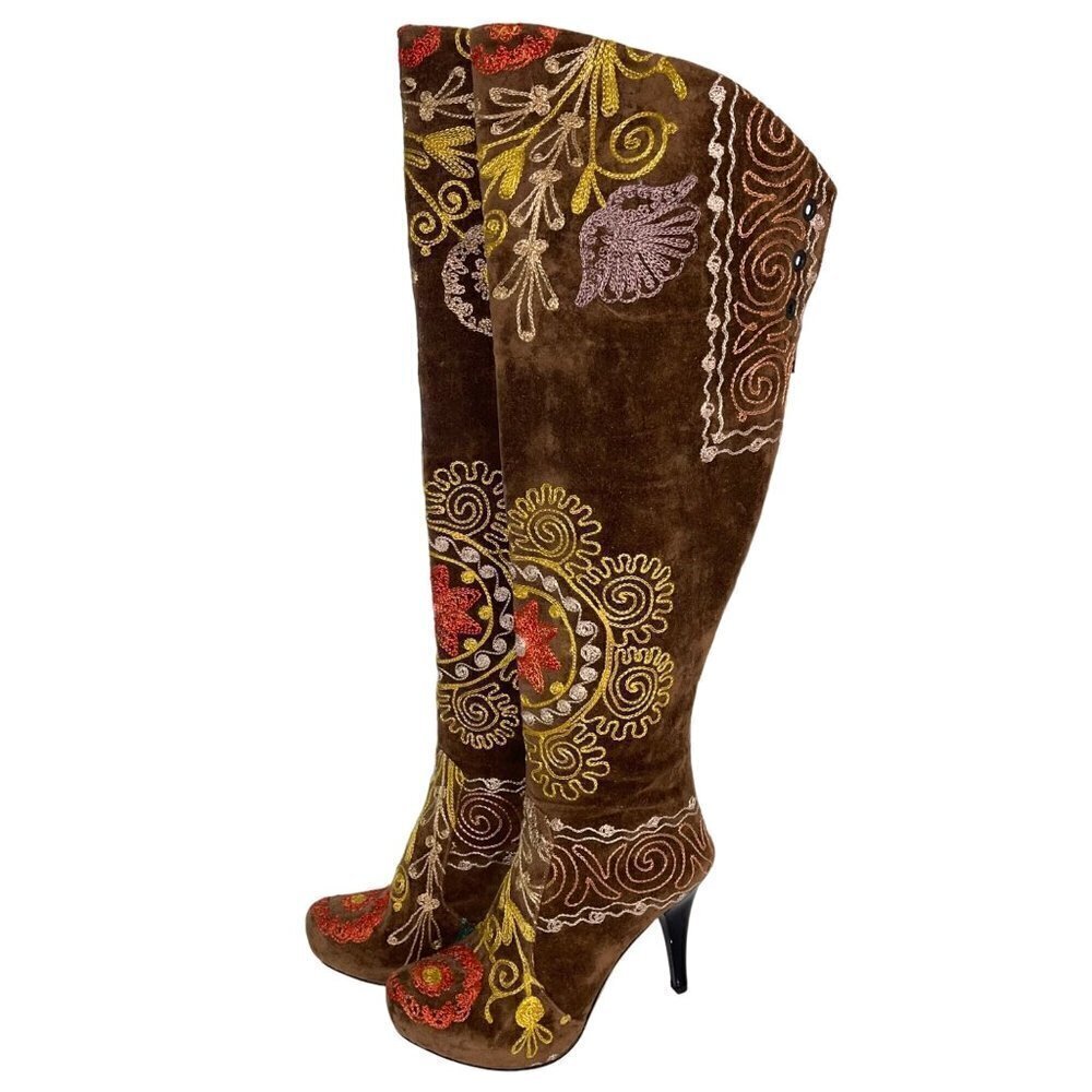 Turkish Soul Vintage Womens Boots Size 37 Brown Over The Knee Embroidered